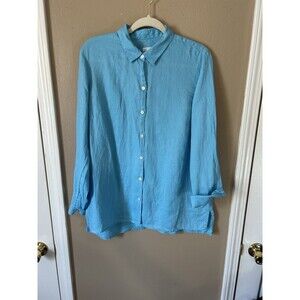 J.Jill Love Linen Tunic Essential Shirt M Blue Button Down Long Sleeve Beach